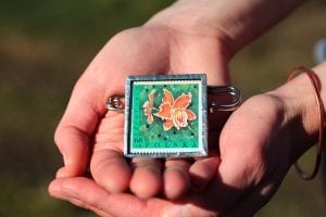 Dzikie Twory - broszka ze znaczkiem pocztowym kwiat odontonia