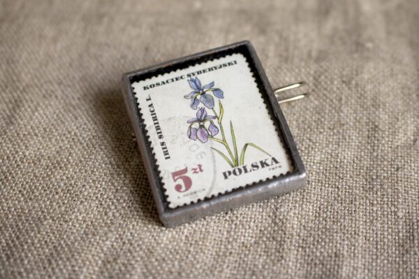 Dzikie Twory - broszka ze znaczkiem pocztowym z 1967 roku - kwiat kosaciec syberyjski, przód broszki