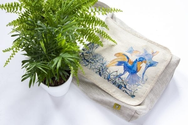 Dzikie Twory - torba z lnu na zakupy akwarela niebieski ptak