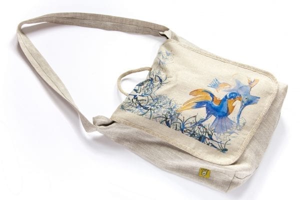 Dzikie Twory - torba z lnu na zakupy akwarela niebieski ptak przód