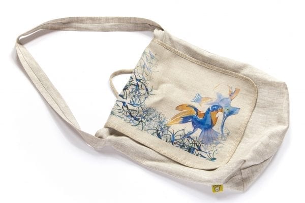 Dzikie Twory - torba z lnu na zakupy akwarela niebieski ptak przód1