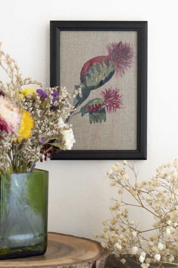 Dzikie Twory - akwarelowa grafika w ramce, na tkaninie lnianej - Różowy kwiat