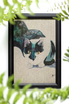 Dzikie Twory - akwarelowa grafika w ramce, na tkaninie lnianej - Kosmiczny kot