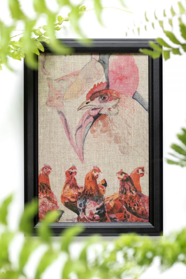 Dzikie Twory - akwarelowa grafika w ramce, na tkaninie lnianej - Kury