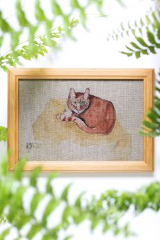 Dzikie Twory - akwarelowa grafika w ramce, na tkaninie lnianej - Rudy kot