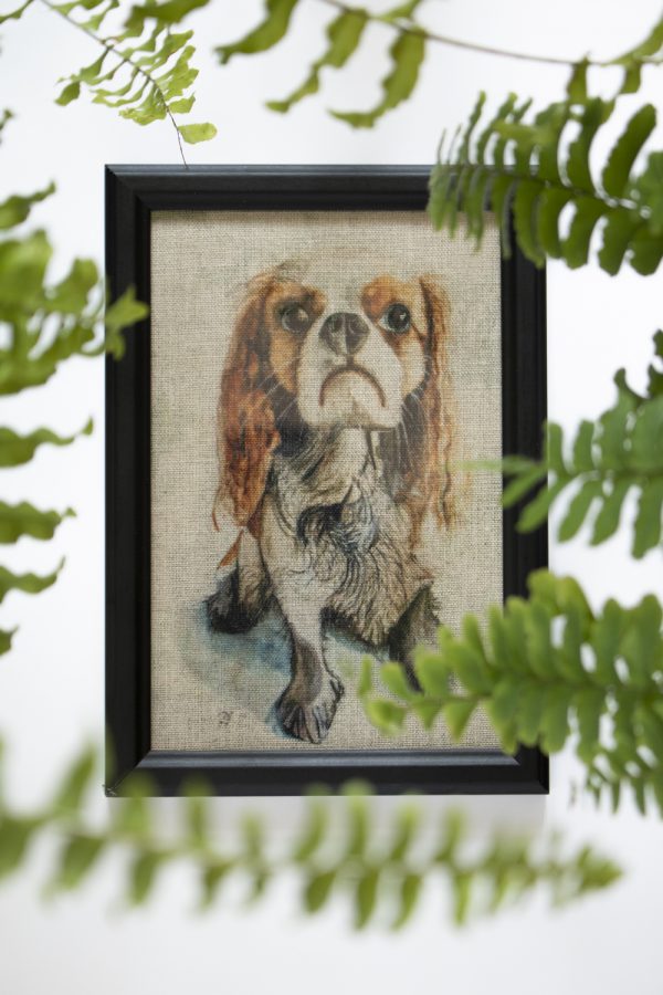 Dzikie Twory - akwarelowa grafika w ramce, na tkaninie lnianej - pies Cavalier
