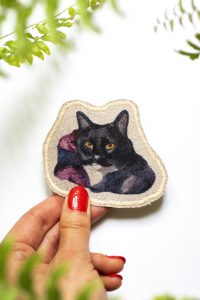 Dzikie Twory - akwarelowe naszywki na lnie - Czarny kot