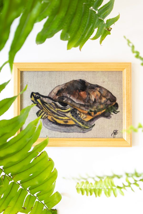 Dzikie Twory - akwarelowa grafika w ramce, na tkaninie lnianej - Żółw