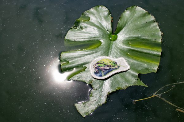 Dzikie Twory - lniana akwarelowa naszywka -Zielona żaba na lilii wodnej