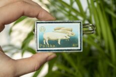 Dzikie Twory - broszka ze znaczkiem pocztowym z 1975 roku - świnki