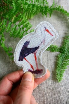 Dzikie Twory - lniana naszywka z akwarelowym nadrukiem - bocian