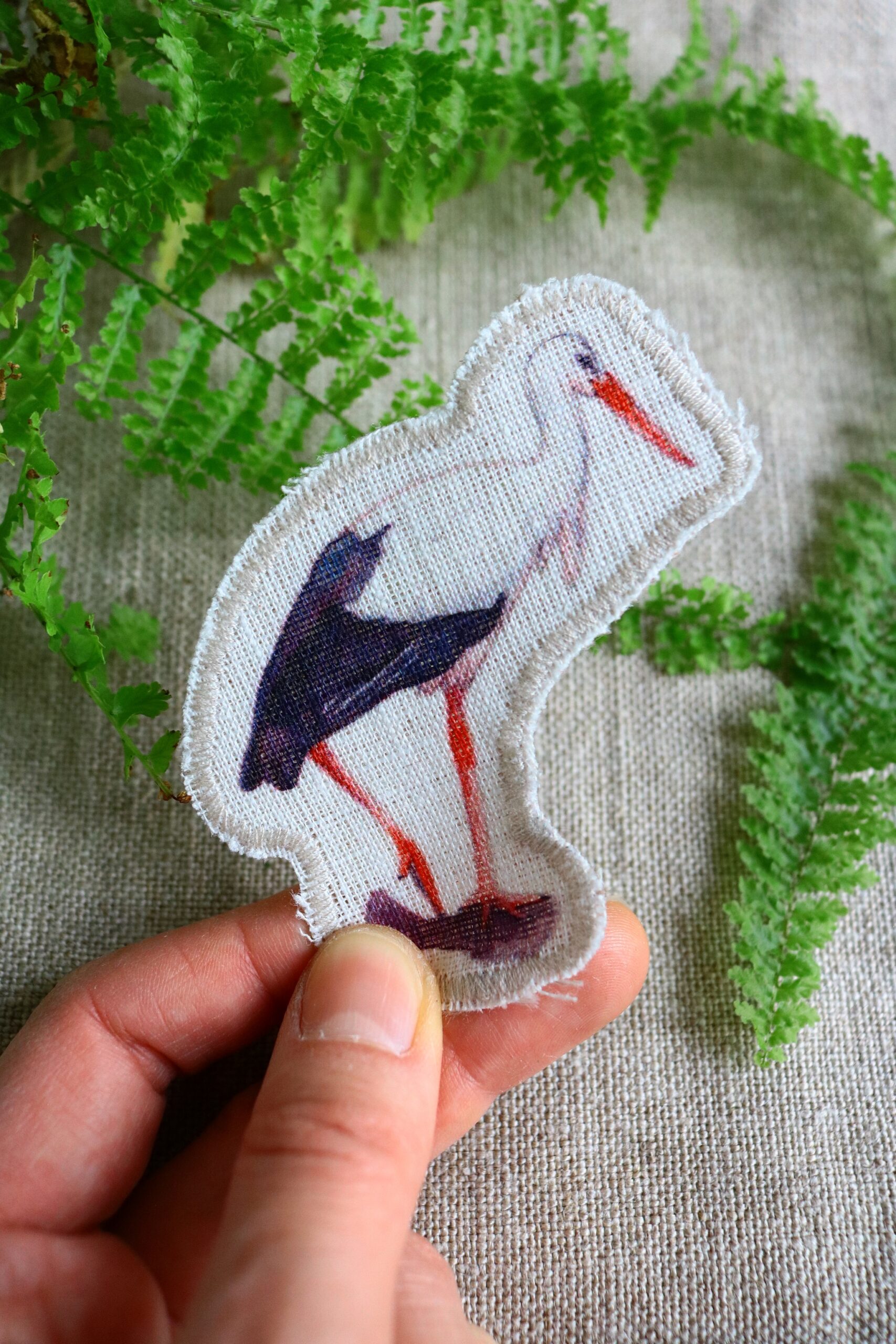 Dzikie Twory - lniana naszywka z akwarelowym nadrukiem - bocian