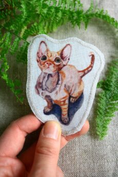 Dzikie Twory - lniana naszywka z akwarelowym nadrukiem - łysy kot