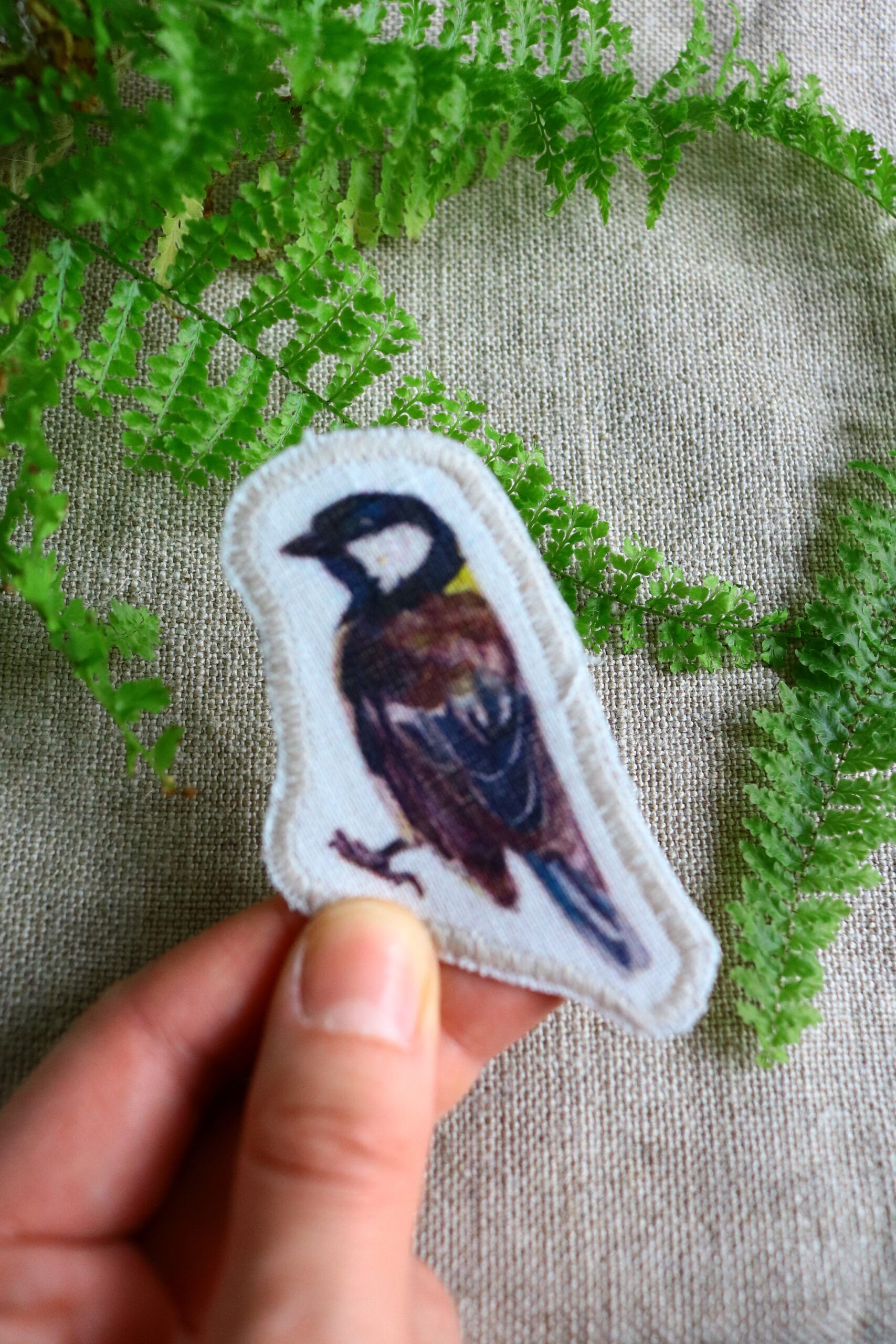 Dzikie Twory - lniana naszywka z akwarelowym nadrukiem - sikorka bogatka